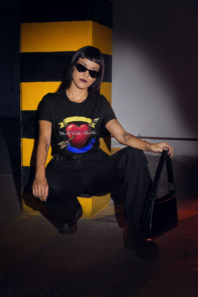 Short sleeve crewneck tee with original Skonnie Music Art makes great gifts for musicians.