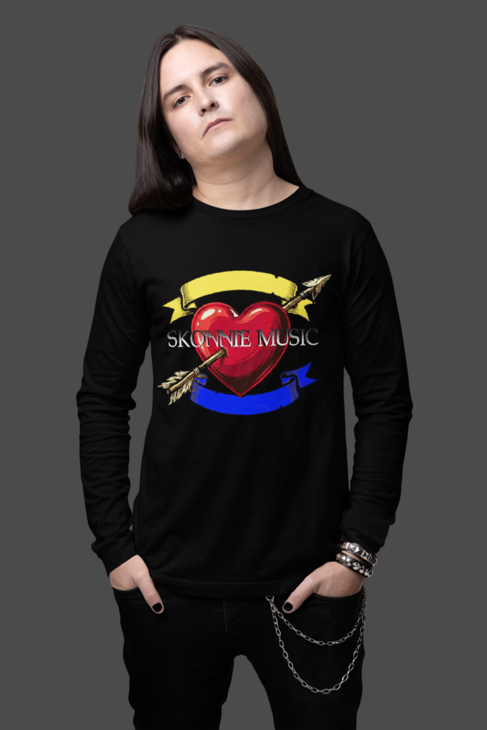 Men's long-sleeve t-shirt in black with original artwork designed by Skonnie Music. Great gifts for musicians and music lovers.