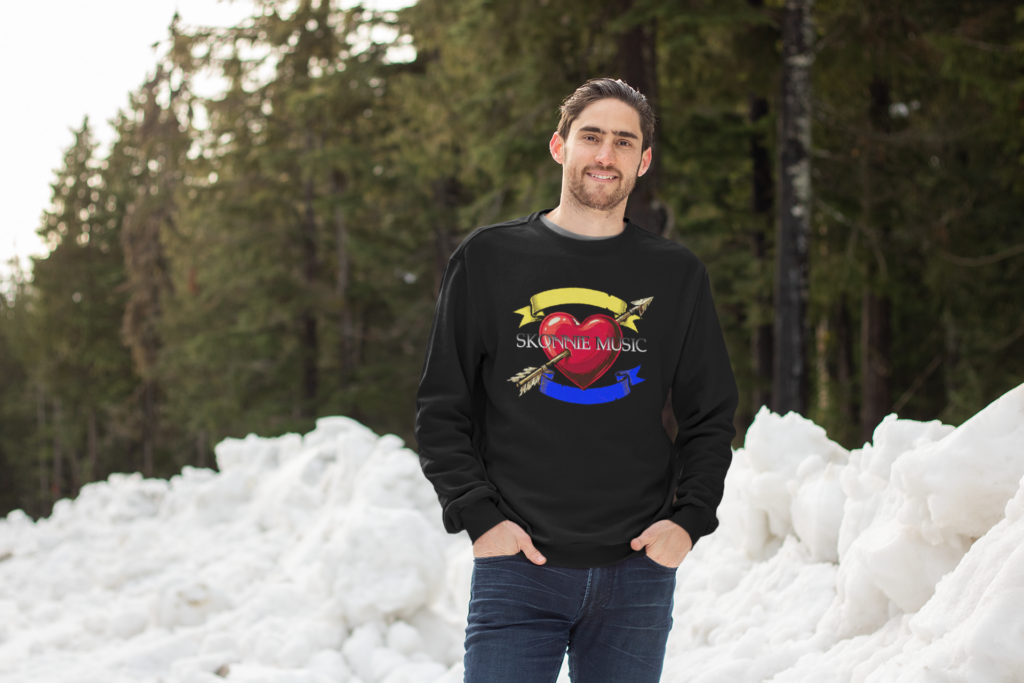 Men's long-sleeve crewneck sweatshirt in black with new artwork by Skonnie Music. Makes great gifts for musicians and music lovers.