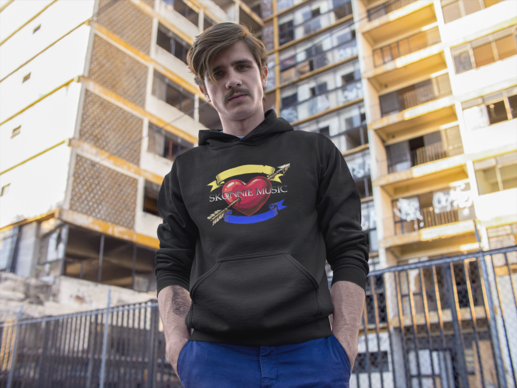 Sweatshirt with front pocket in black. Skonnie Music's original artwork is featured. Available in many sizes and colors. Perfect gifts for musicians.