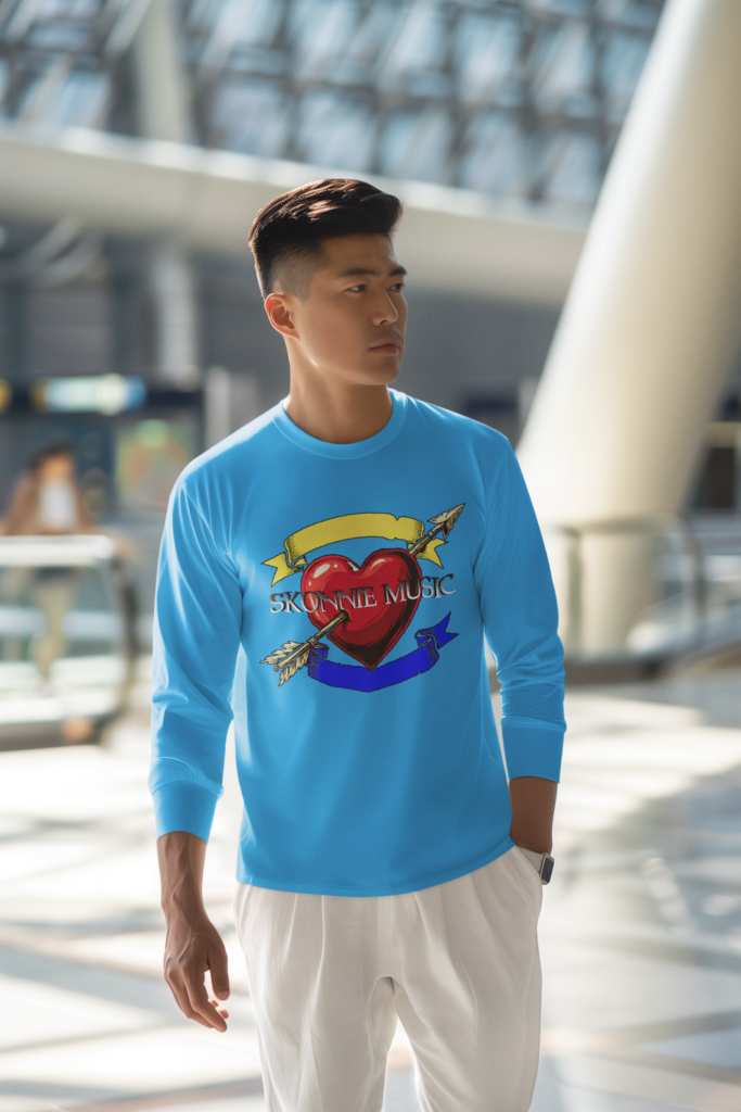 Long-sleeve Skonnie Music tee shown in blue, available in many colors, makes great gifts for musicians.