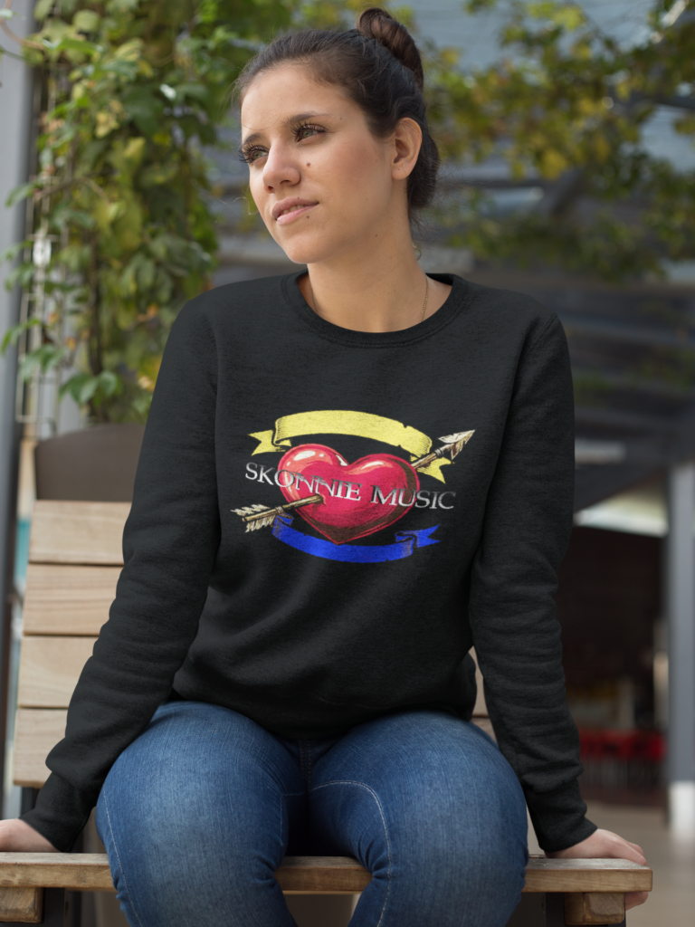 Crewneck Women's Sweatshirt in black featuring Skonnie Music artwork. Ideal gifts for musicians.